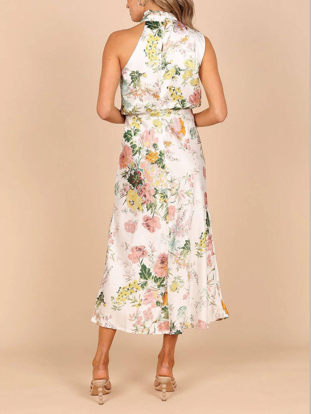 Halter Neck Floral Elastic Waist Maxi Dress