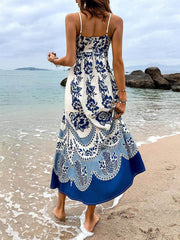 Ethnic Floral Print Back Smocked Loose Midi Dress