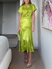 Elegant Satin Unique Jacquard Print Midi Dress