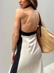 Halter Neck Slit Color Block Maxi Dress