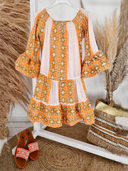 Ethnic Print Linen Blend Off Shoulder Loose Mini Dress