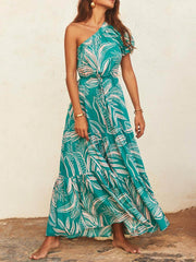 Off-Shoulder Palm Leaf Print Holiday Style Floral Dress