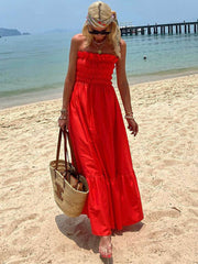 Off Shoulder Smocked Bust Vacation Maxi Dress
