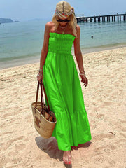 Off Shoulder Smocked Bust Vacation Maxi Dress