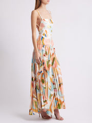 Unique Abstract Print Open Back Pleated Maxi Dress