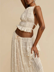 Pleated Drawstring Charm Waist Tiered Maxi Skirt