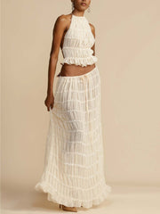 Pleated Drawstring Charm Waist Tiered Maxi Skirt
