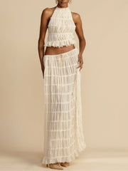 Pleated Drawstring Charm Waist Tiered Maxi Skirt