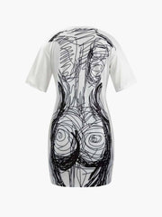 Abstract Line Print Short Sleeve Mini Dress